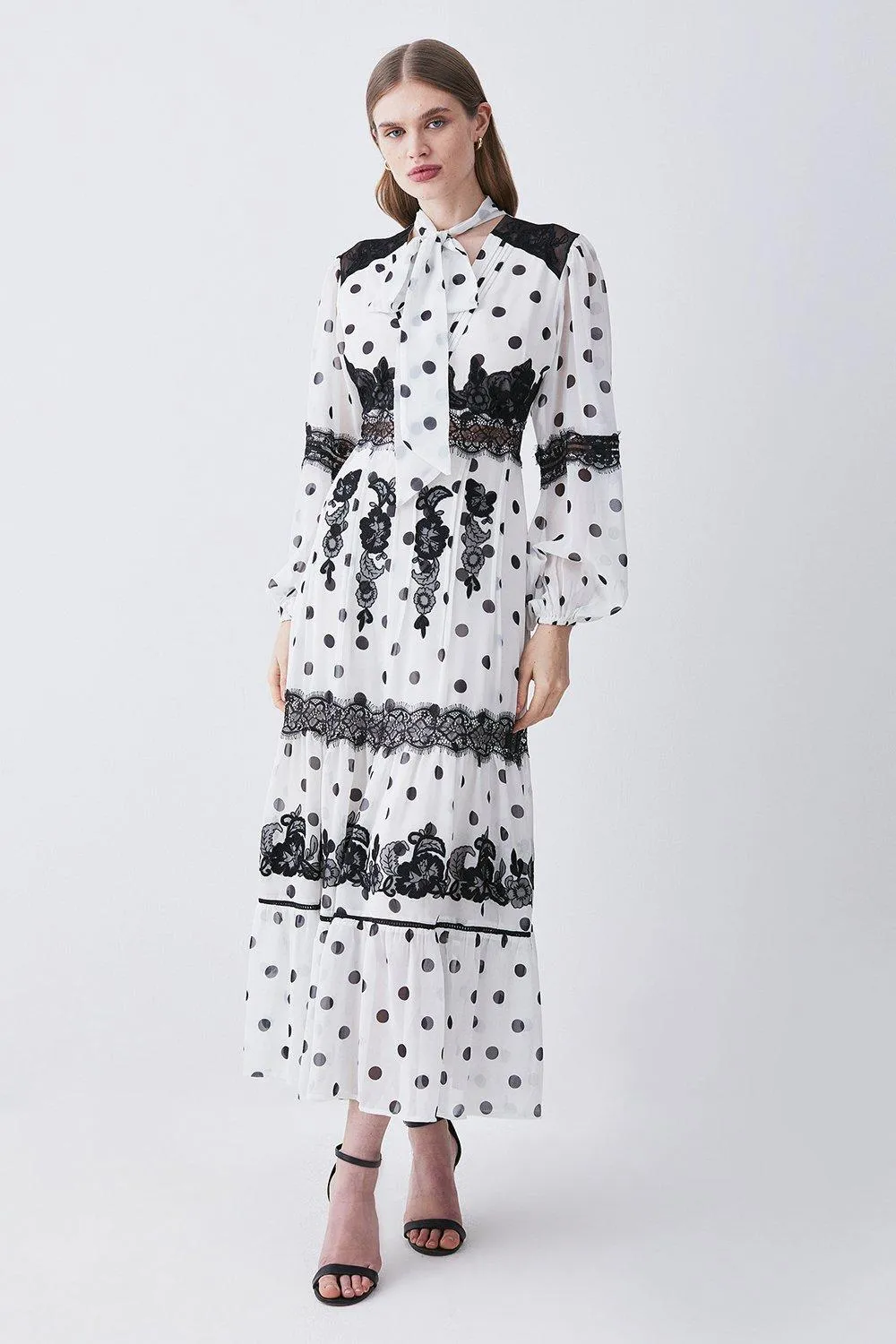 Petite Polka Dot Mix Lace & Embroidery Maxi Dress | Karen Millen