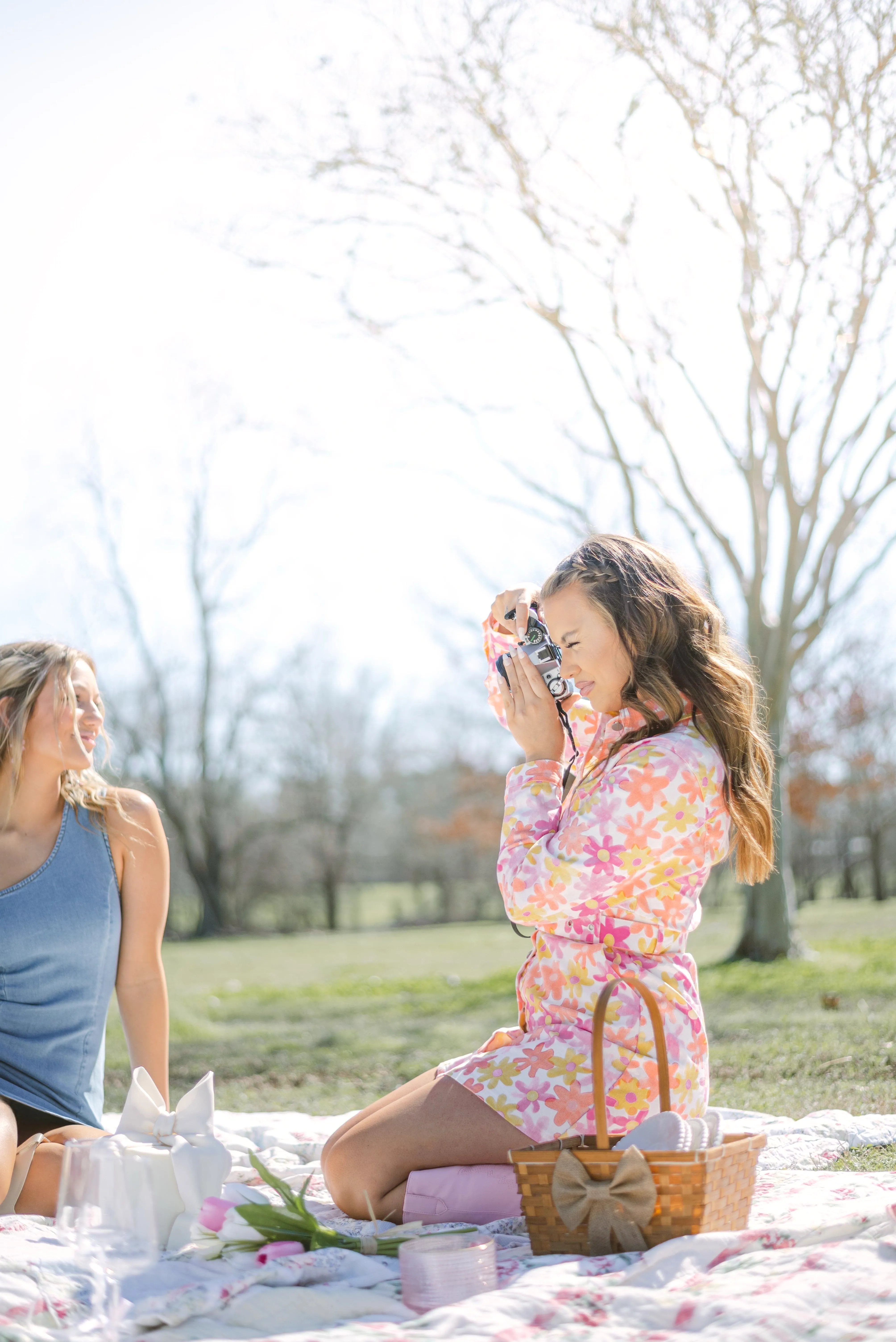 Pink & Orange  Flower Belted Denim Dress