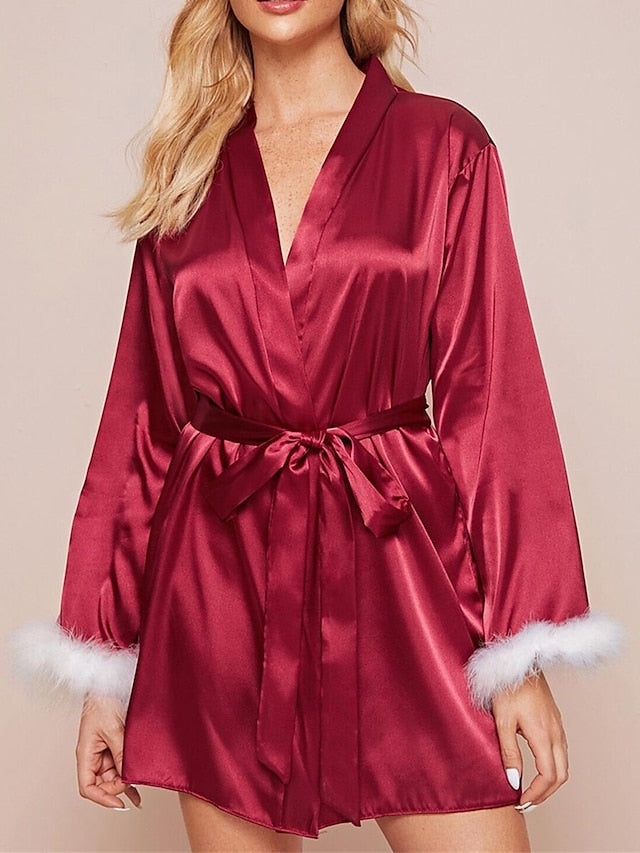 Pink Wine Satin Bathrobe with V Wire Long Sleeve for Women