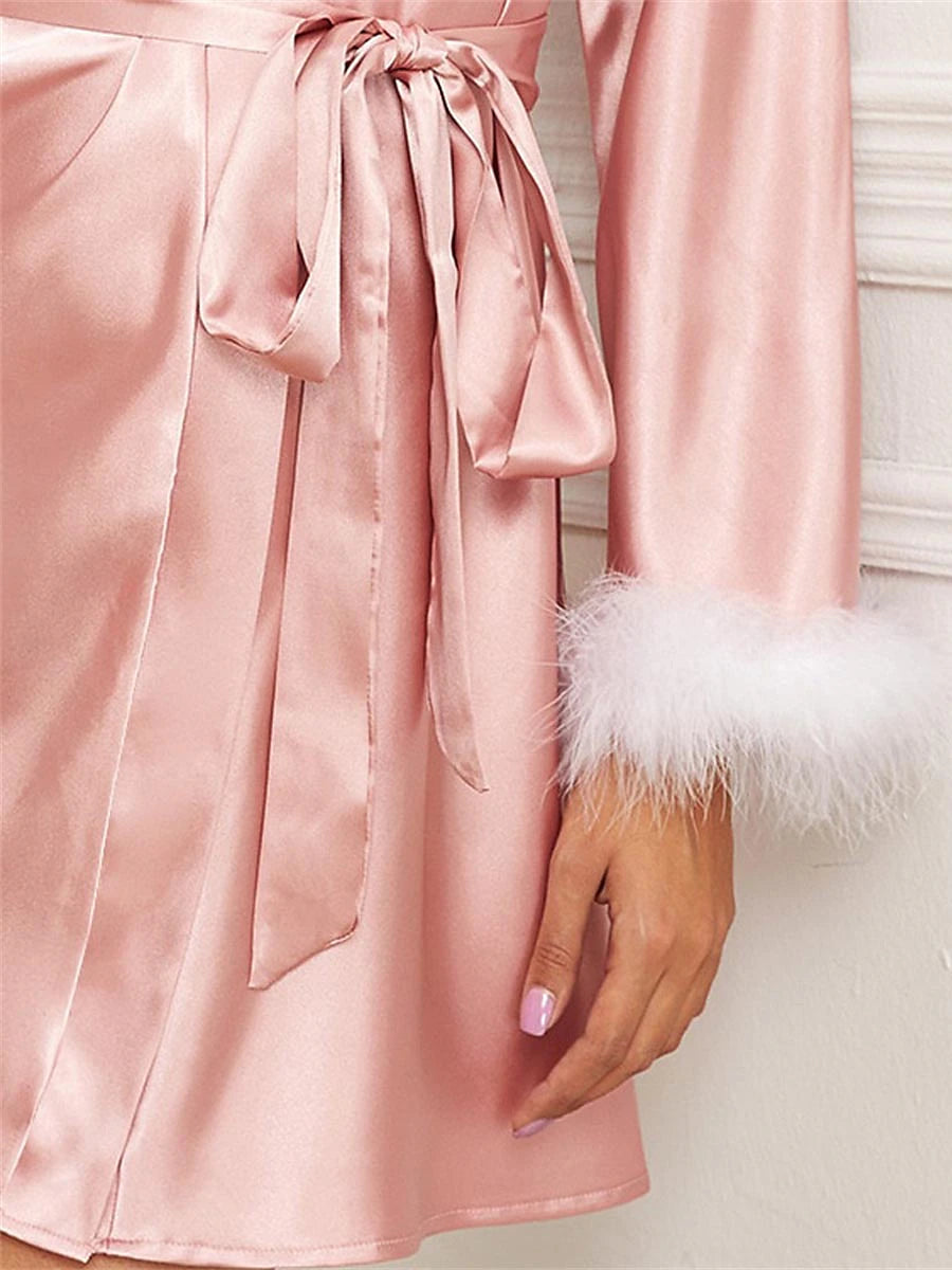 Pink Wine Satin Bathrobe with V Wire Long Sleeve for Women