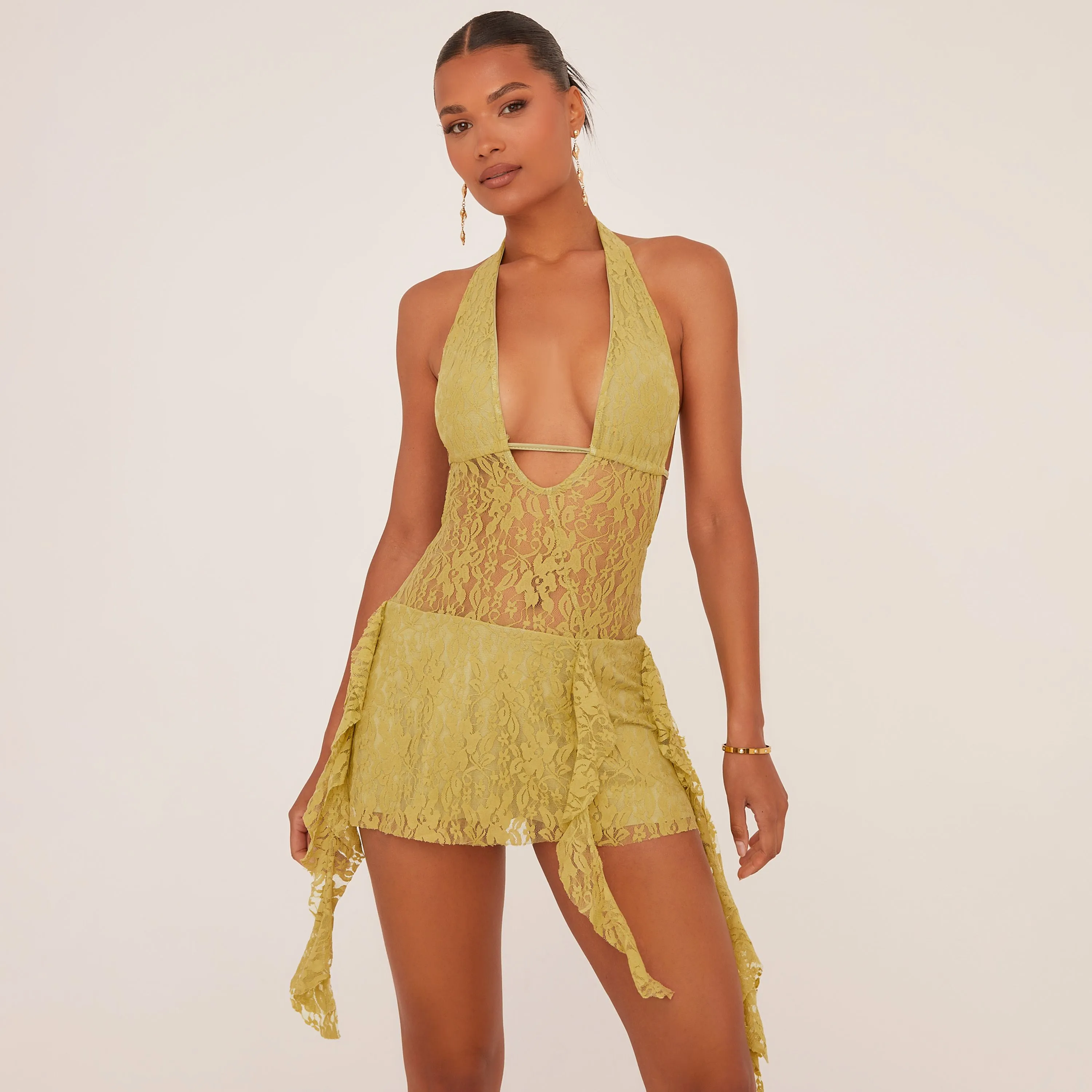 Plunge Frill Detail Mini Dress In Olive Green Lace