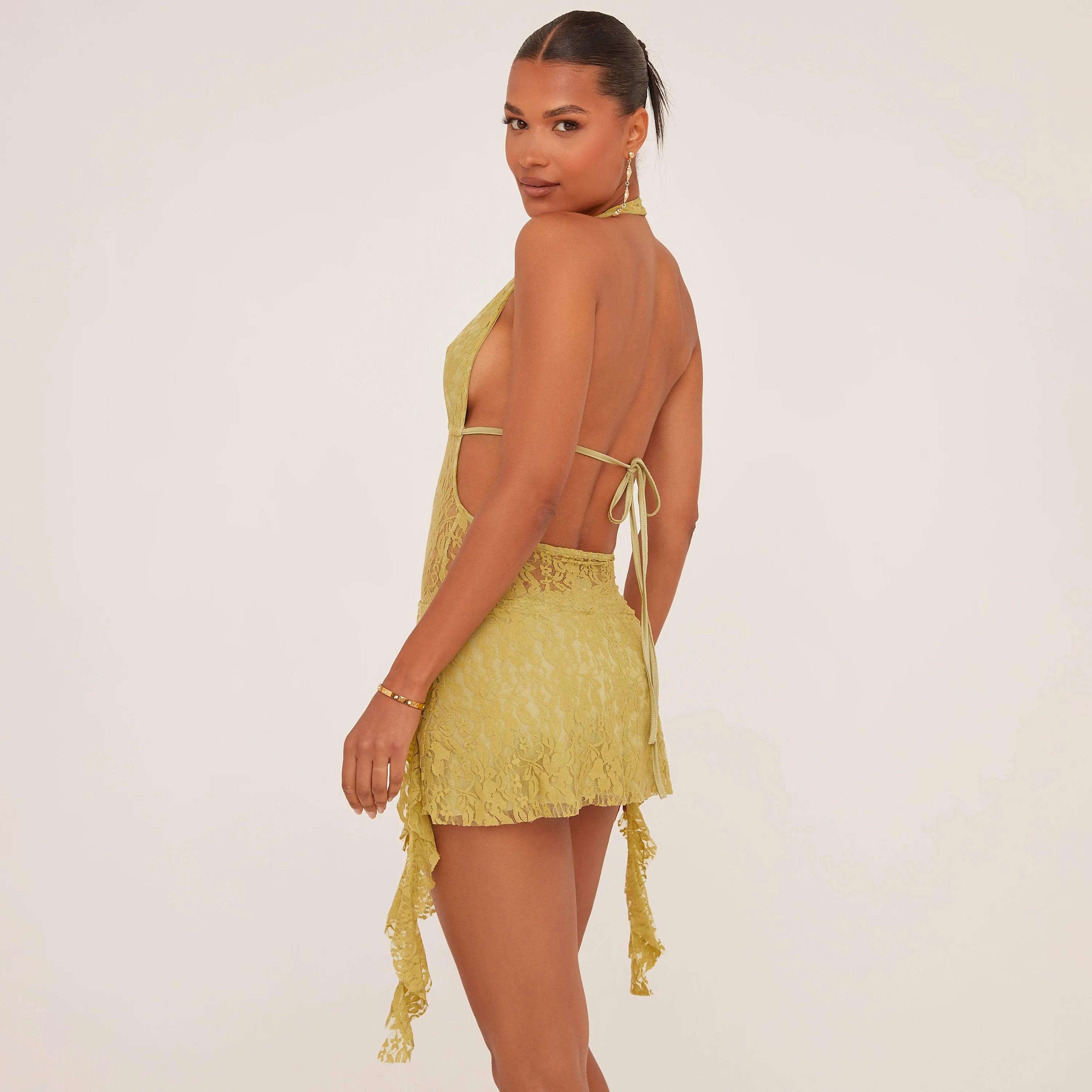 Plunge Frill Detail Mini Dress In Olive Green Lace