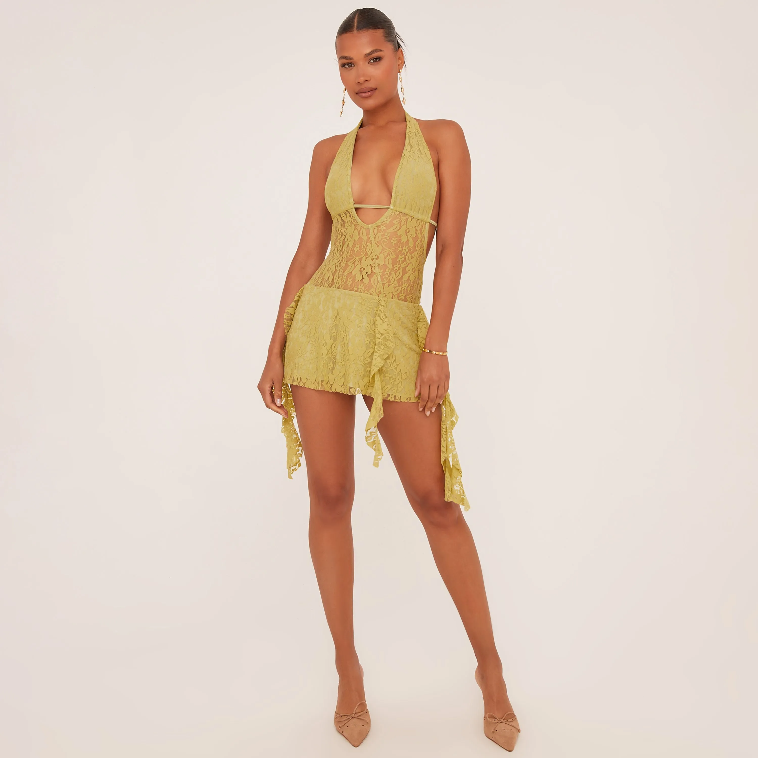 Plunge Frill Detail Mini Dress In Olive Green Lace