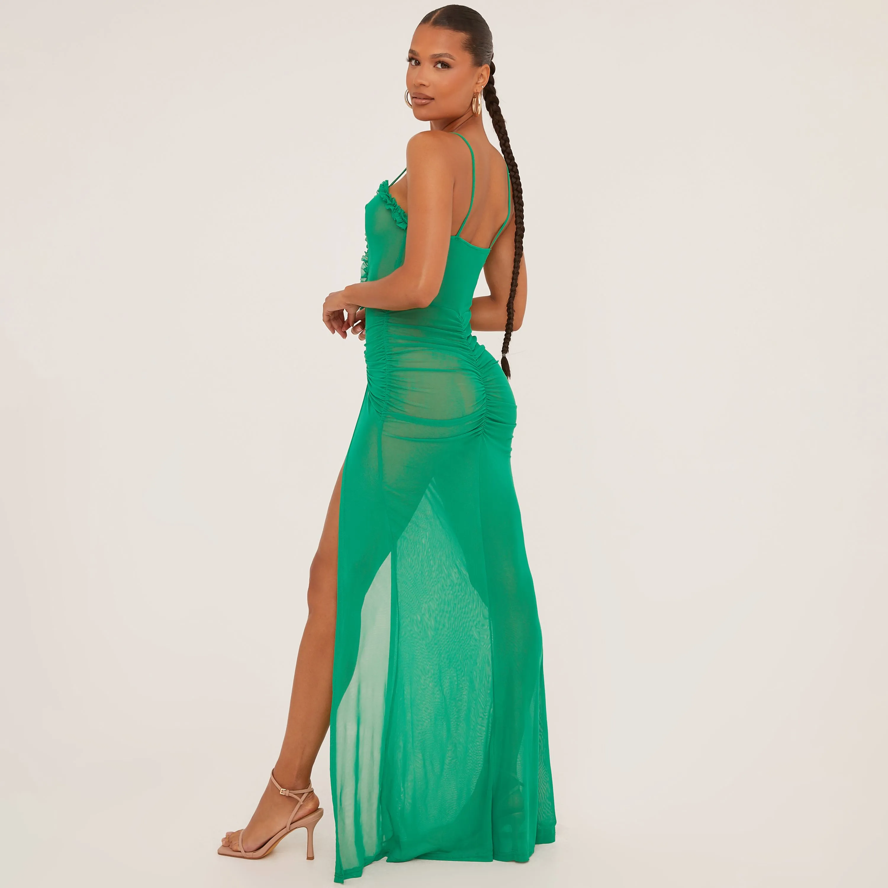 Plunge Frill Edge Split Leg Maxi Dress In Green Mesh