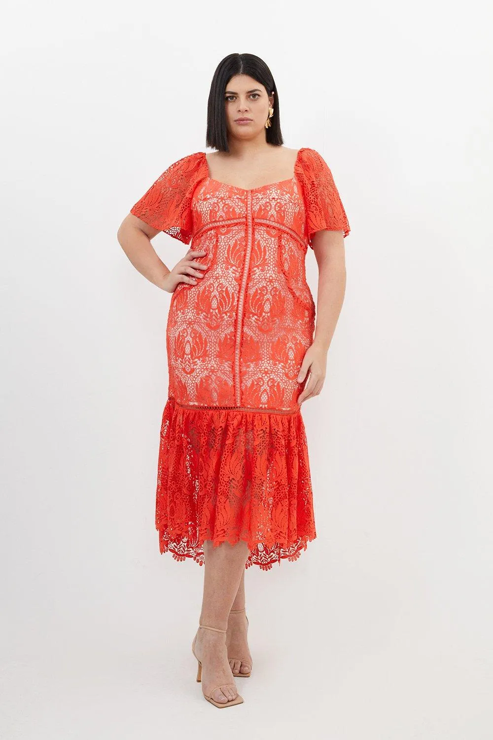 Plus Size Premium Satin Guipure Lace Angel Sleeve Maxi Dress | Karen Millen