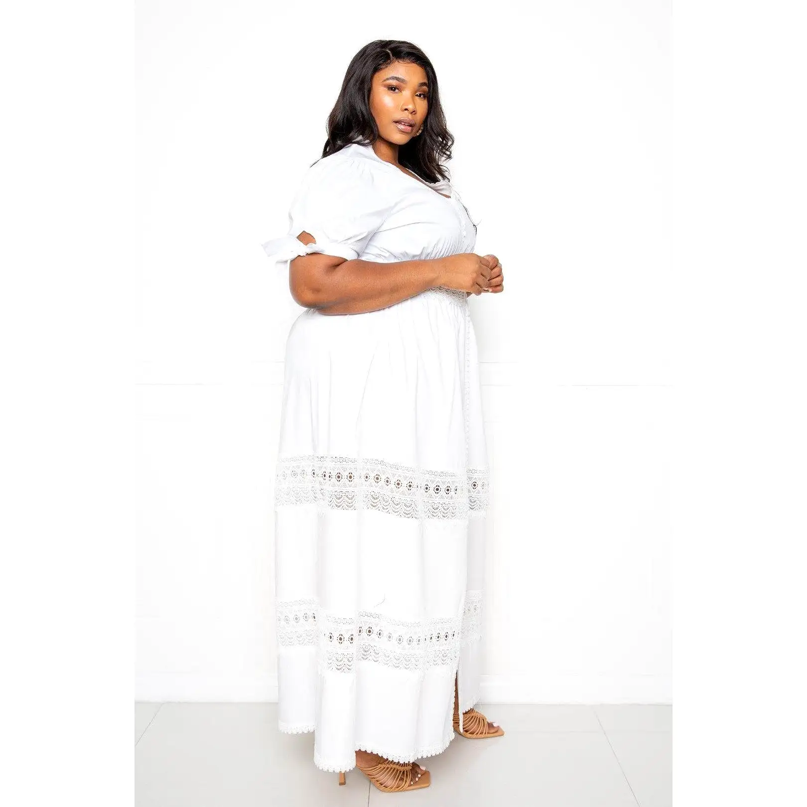 Puff Sleeve Maxi Dress With Lace Insert