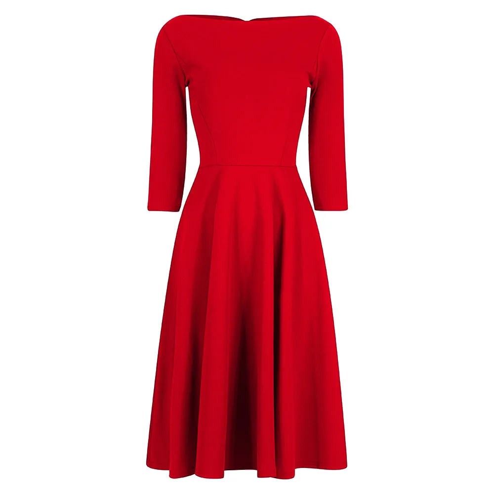 Red 3/4 Sleeve Boat Neck Audrey Hepburn Style 50s Swing Dress