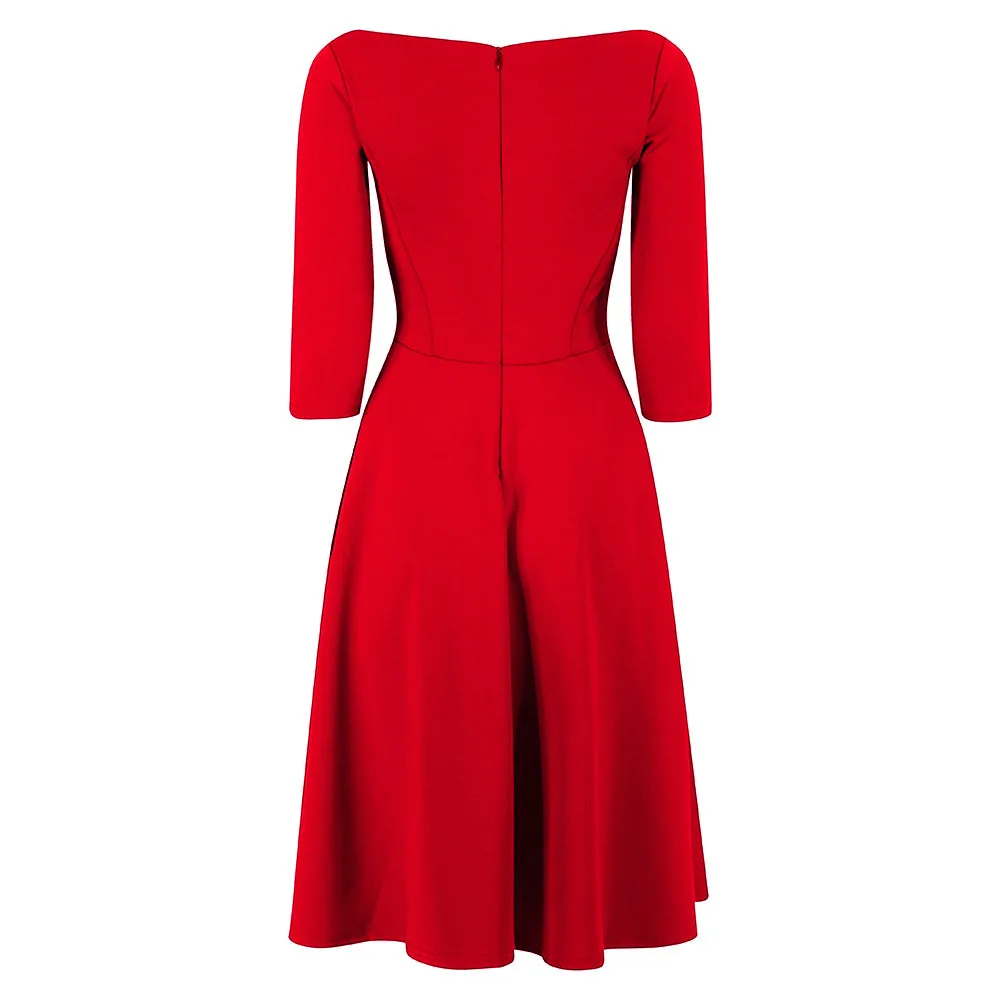 Red 3/4 Sleeve Boat Neck Audrey Hepburn Style 50s Swing Dress