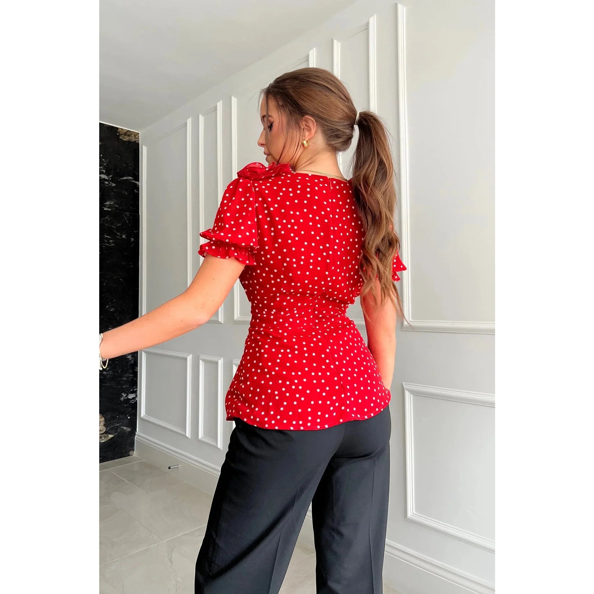 Red And White Polka Dot Corsage Gypsy Top