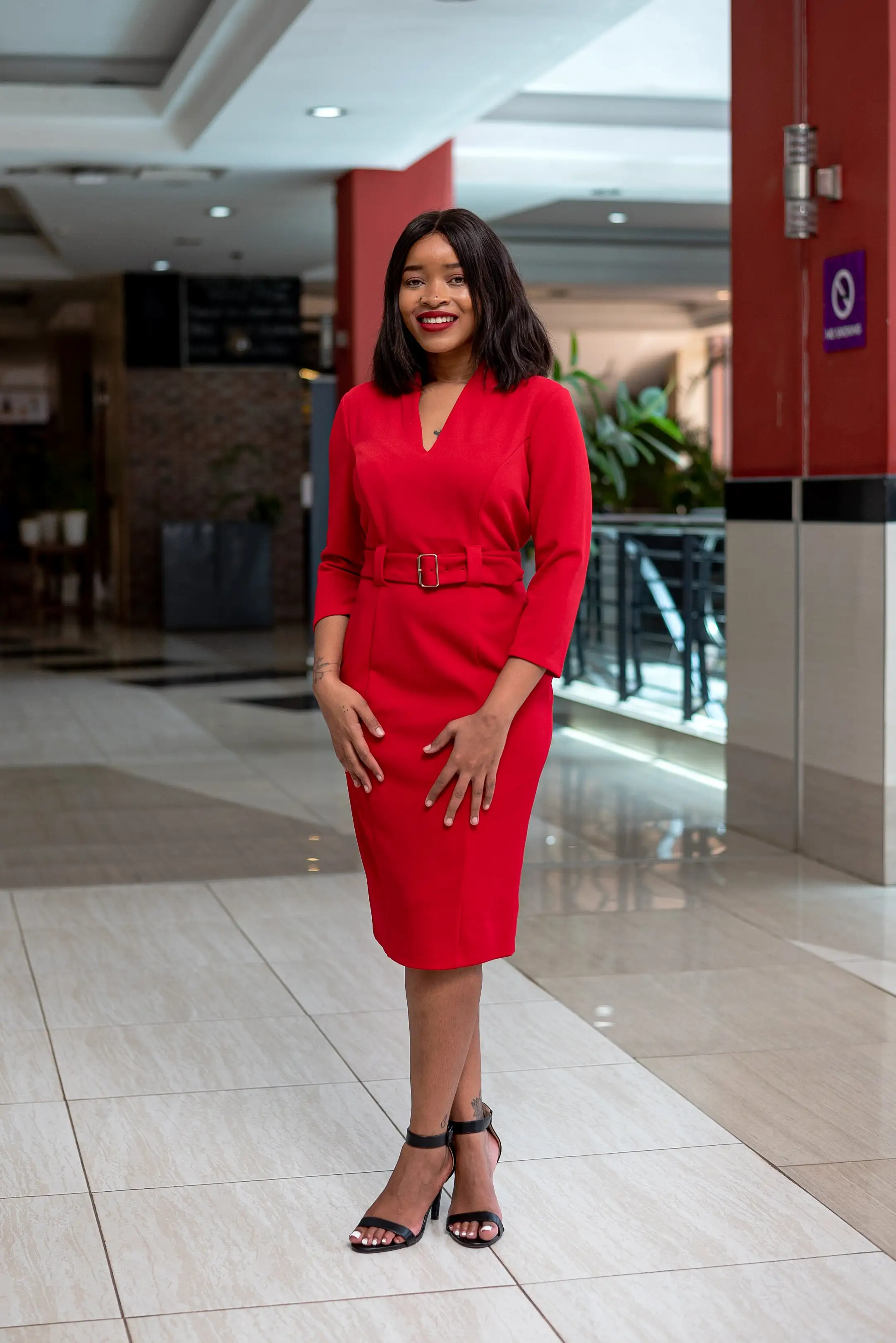 Red bodycon belt dress