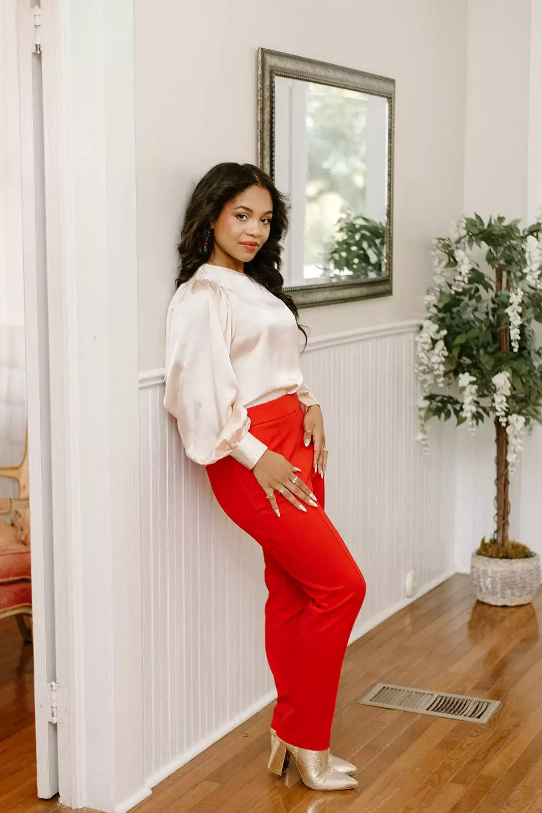 Red Pintuck High Waist Trousers