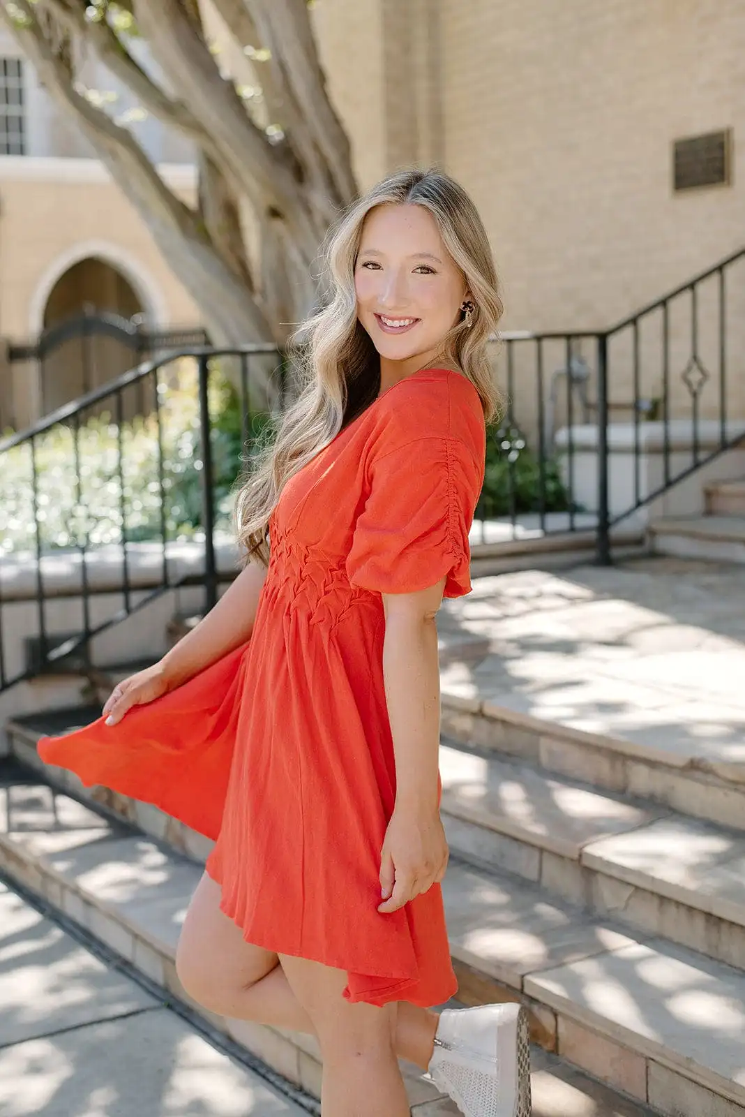 Red Woven Waist Linen Dress