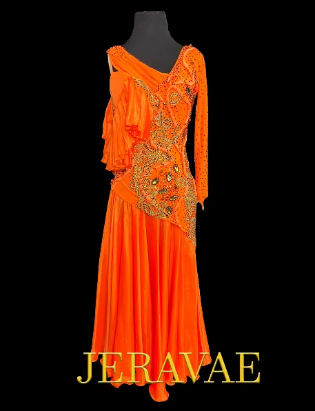 Resale Artistry in Motion Bright Orange Smooth Ballroom Dress with Gold Lace Appliqué, One Long Sleeve, Ruffle Detail, and Swaro