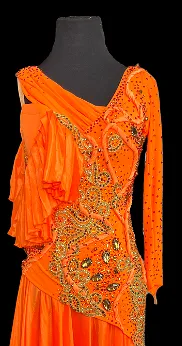 Resale Artistry in Motion Bright Orange Smooth Ballroom Dress with Gold Lace Appliqué, One Long Sleeve, Ruffle Detail, and Swaro