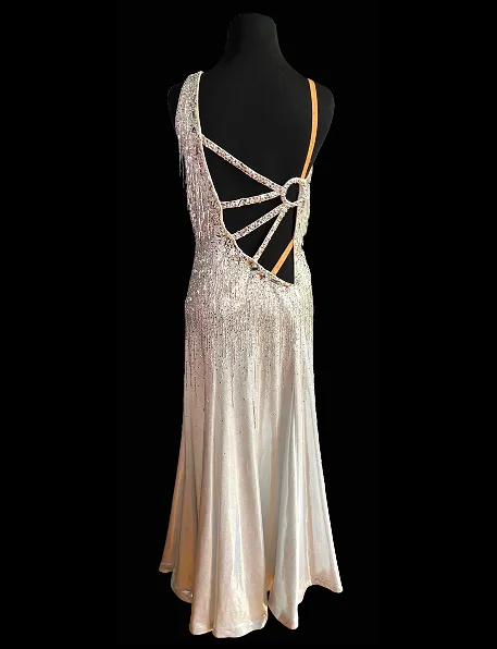 Resale Artistry in Motion Silver Shimmer Smooth Ballroom Dress with Beaded Tassels, High Slit, and Crystal AB Rhinestones Sz S/M