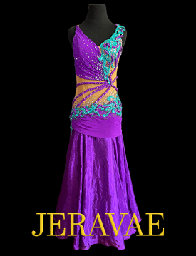 Resale Artistry in Motion Smooth or Standard Purple Ballroom Dress with Turquoise Lace Appliqué and Detachable Float Sz S Smo151