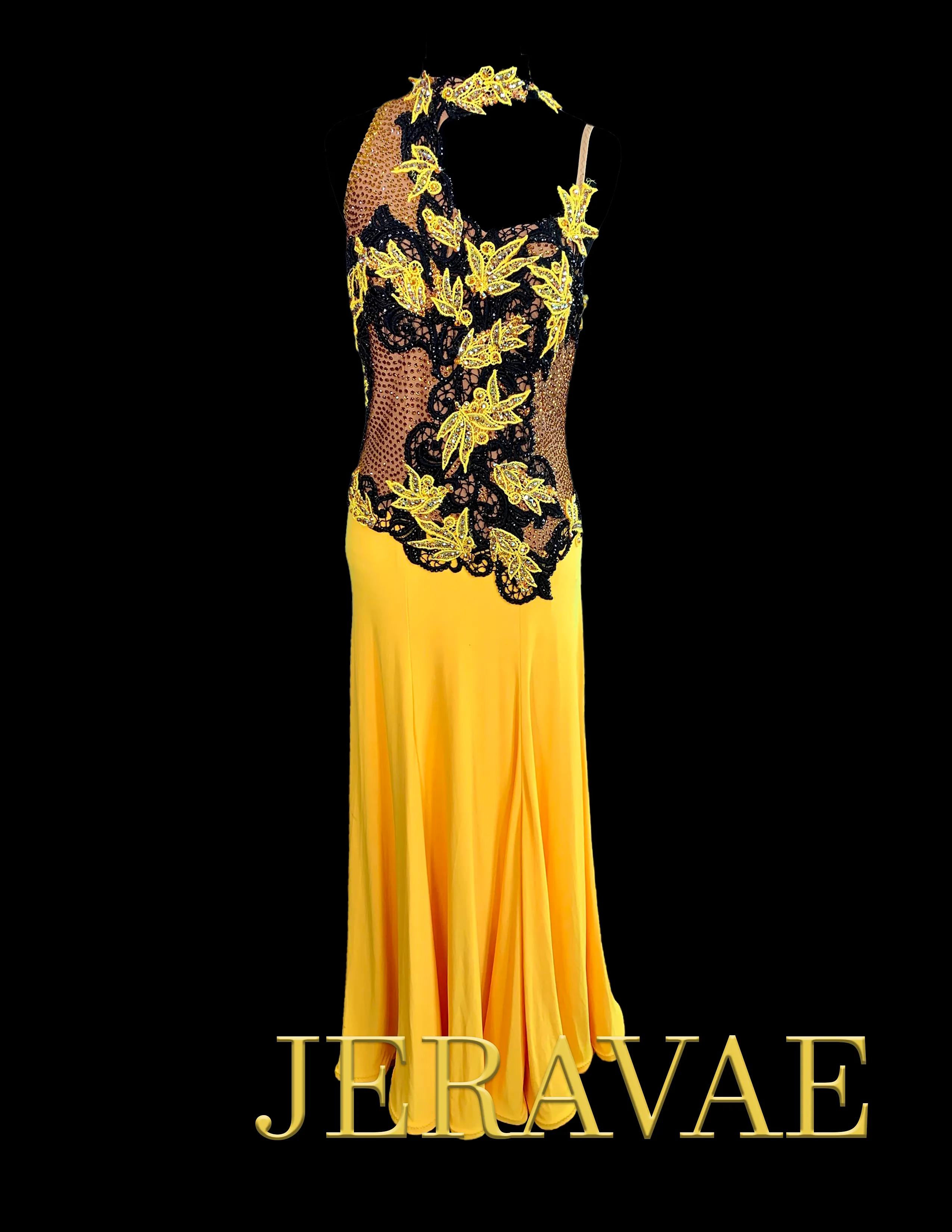 Resale Artistry in Motion Yellow Smooth Ballroom Dress with Black and Yellow Lace Appliqué, Swarovski Stones, and Semi-High Coll