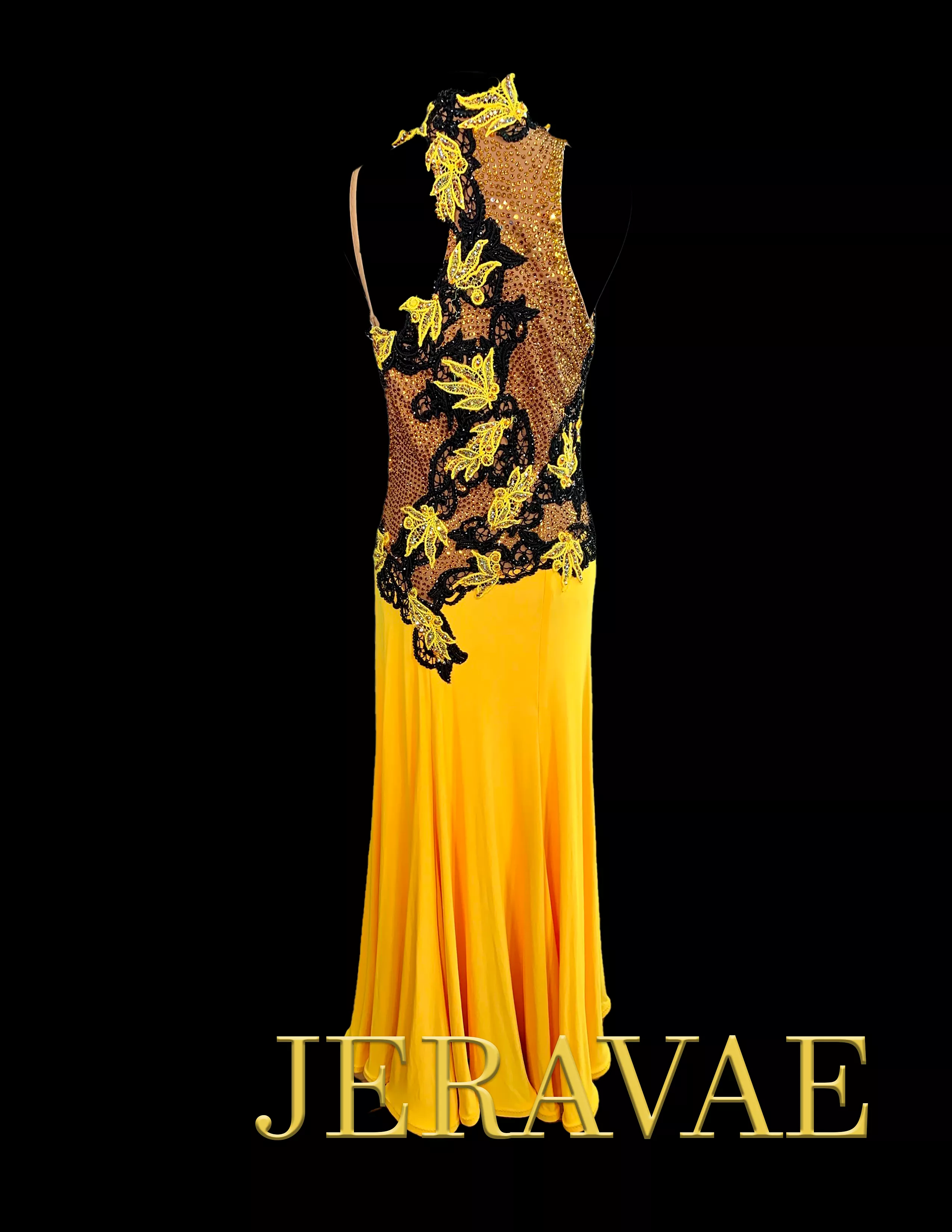 Resale Artistry in Motion Yellow Smooth Ballroom Dress with Black and Yellow Lace Appliqué, Swarovski Stones, and Semi-High Coll