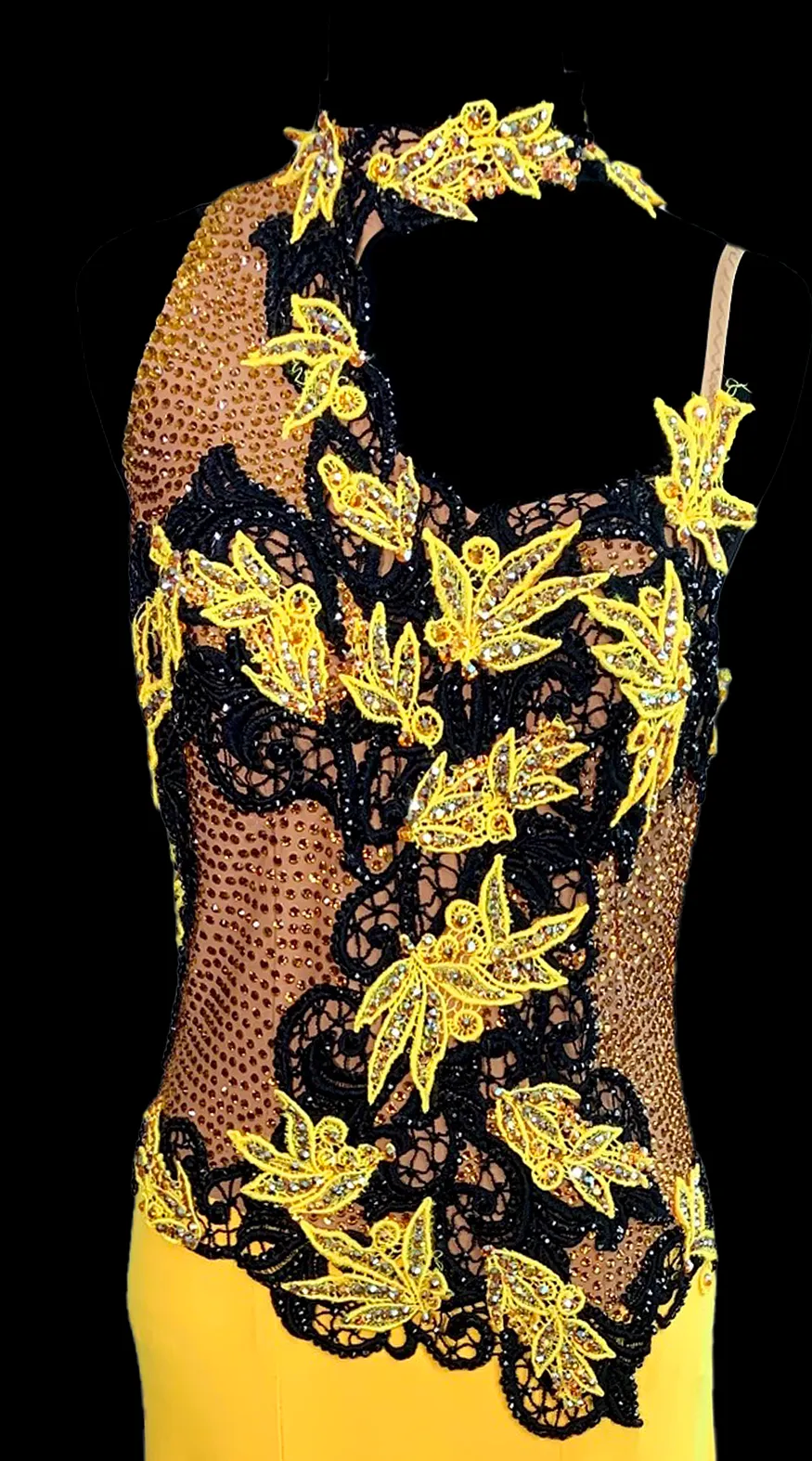 Resale Artistry in Motion Yellow Smooth Ballroom Dress with Black and Yellow Lace Appliqué, Swarovski Stones, and Semi-High Coll