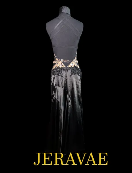 Resale Fiore Sleeveless Black Smooth Ballroom Dress with Lace Appliqué, Gold Stones, Soft Hem, and Open Back with Crisscrossing 