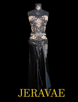 Resale Fiore Sleeveless Black Smooth Ballroom Dress with Lace Appliqué, Gold Stones, Soft Hem, and Open Back with Crisscrossing 