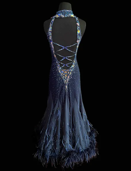 Resale Midnight Blue Ballroom Dress with High Collar, Feather Boa on Hem, and Cross Straps on Back Sz M Smo161