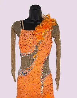 Resale Orange Ballroom Dress with Nude Long Mesh Sleeves, Waist Inserts, Stones, and Three-Dimensional Asymmetrical Ruffle Sz XS