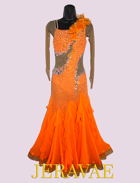 Resale Orange Ballroom Dress with Nude Long Mesh Sleeves, Waist Inserts, Stones, and Three-Dimensional Asymmetrical Ruffle Sz XS