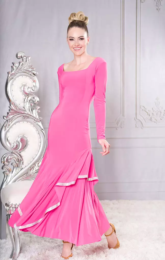 Rhinestone Long Sleeve Princess Cut Ballroom Dress with Square Neckline and Long Sleeves D203R