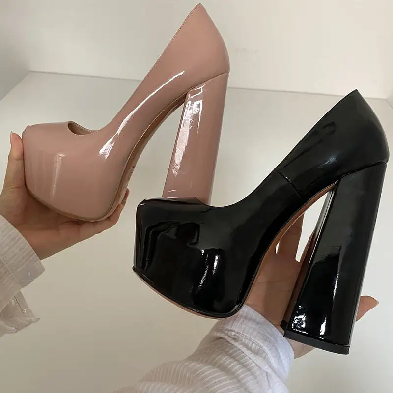 Round Toe Platform 16CM Chunky High Heels Ankle Strap Dress Hoof Thick Heels Shoes Big Size Pumps