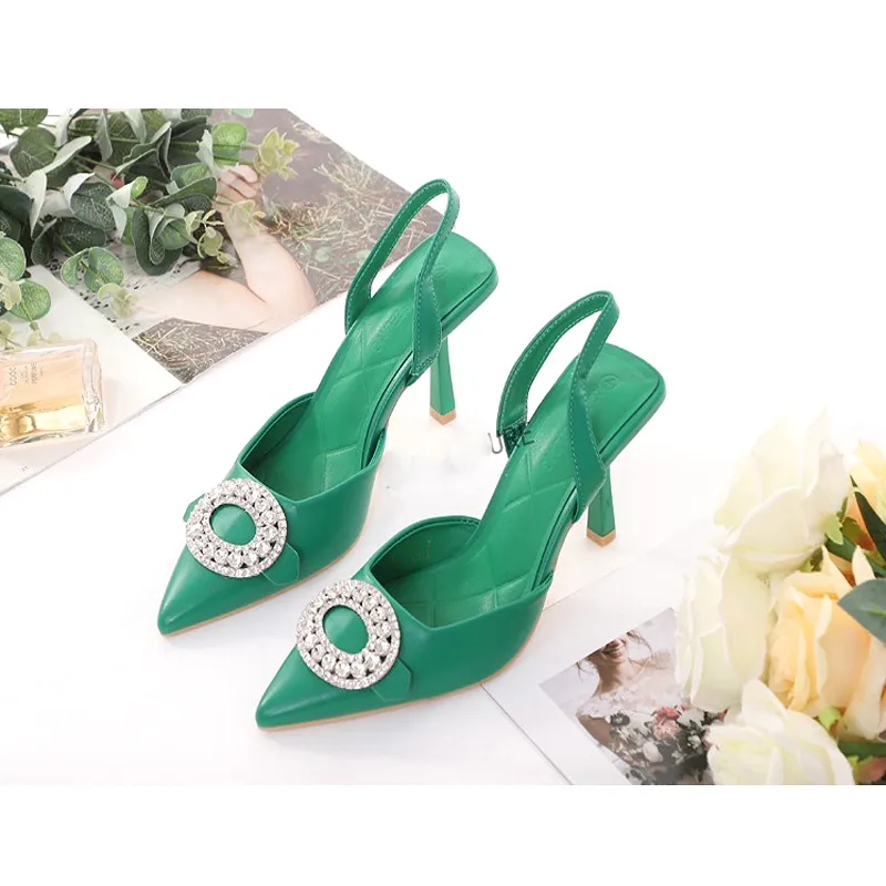 Rounded Rhinestone Short Heel Sandals