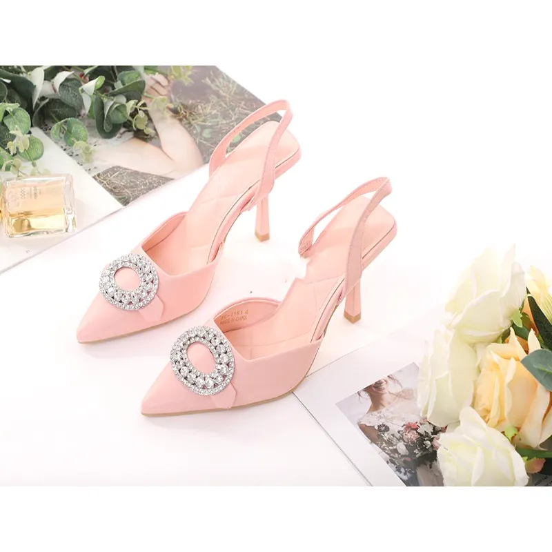 Rounded Rhinestone Short Heel Sandals