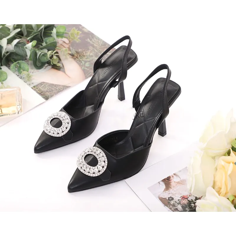 Rounded Rhinestone Short Heel Sandals