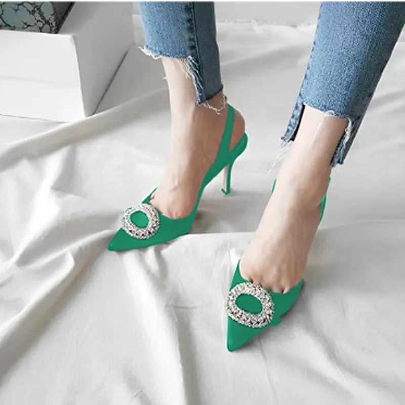 Rounded Rhinestone Short Heel Sandals