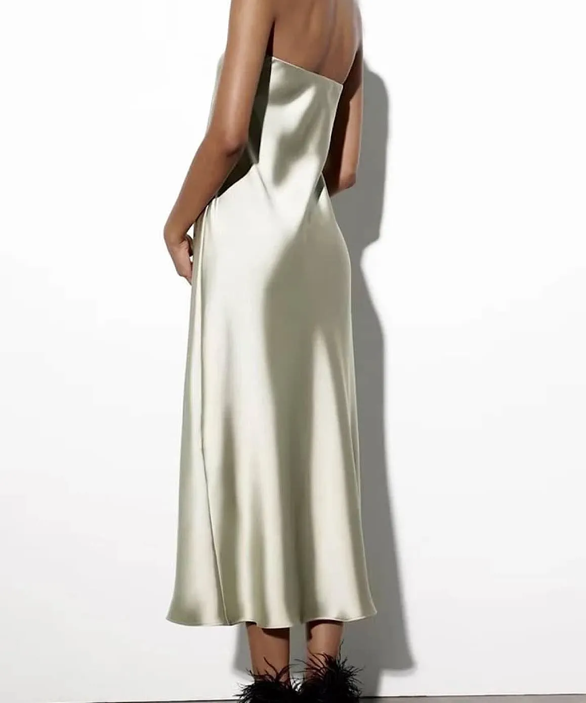 Satin Strapless Long Dress In Light Green