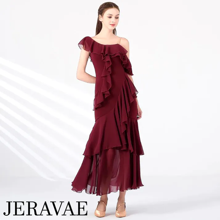 Single Drape Shoulder Ballroom Practice Dress with Chiffon Tiered Ruffles Available in Wine Red and Warm Cream PRA 877_sale