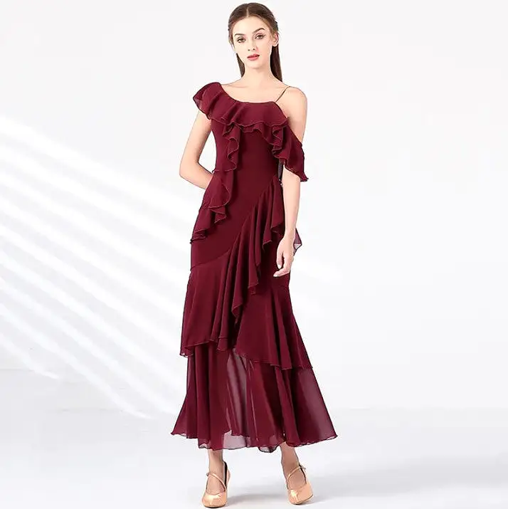 Single Drape Shoulder Ballroom Practice Dress with Chiffon Tiered Ruffles Available in Wine Red and Warm Cream PRA 877_sale