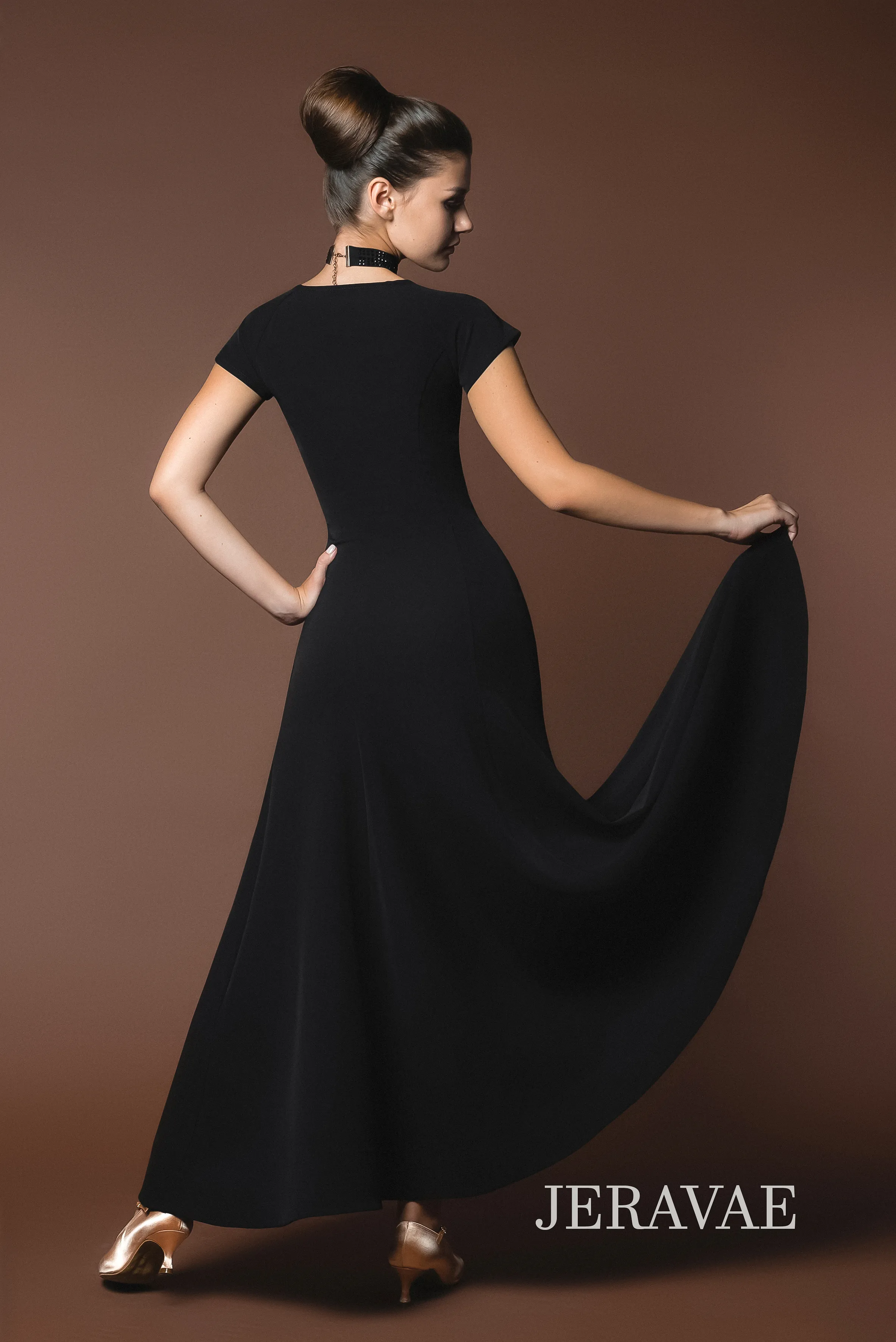 Sleek Black Ballroom Practice Dress with Short Sleeves and Wrapped Horsehair Hem PRA 617