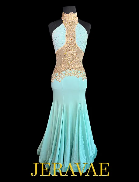 Sleeveless Mint Blue Smooth Ballroom Dress with Gold Lace Appliqué, Mesh Insert, High Halter Neck, Stones, and Straps on Back Sz