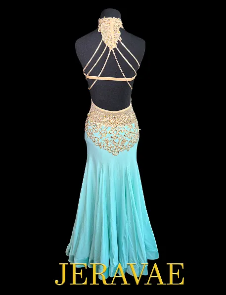 Sleeveless Mint Blue Smooth Ballroom Dress with Gold Lace Appliqué, Mesh Insert, High Halter Neck, Stones, and Straps on Back Sz