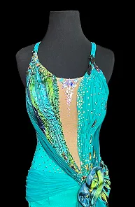 Sleeveless Teal Smooth Ballroom Dress with Stones, Feathers, Green and Blue Gussets, Mesh Ruching, and Open Back Sz S Smo214