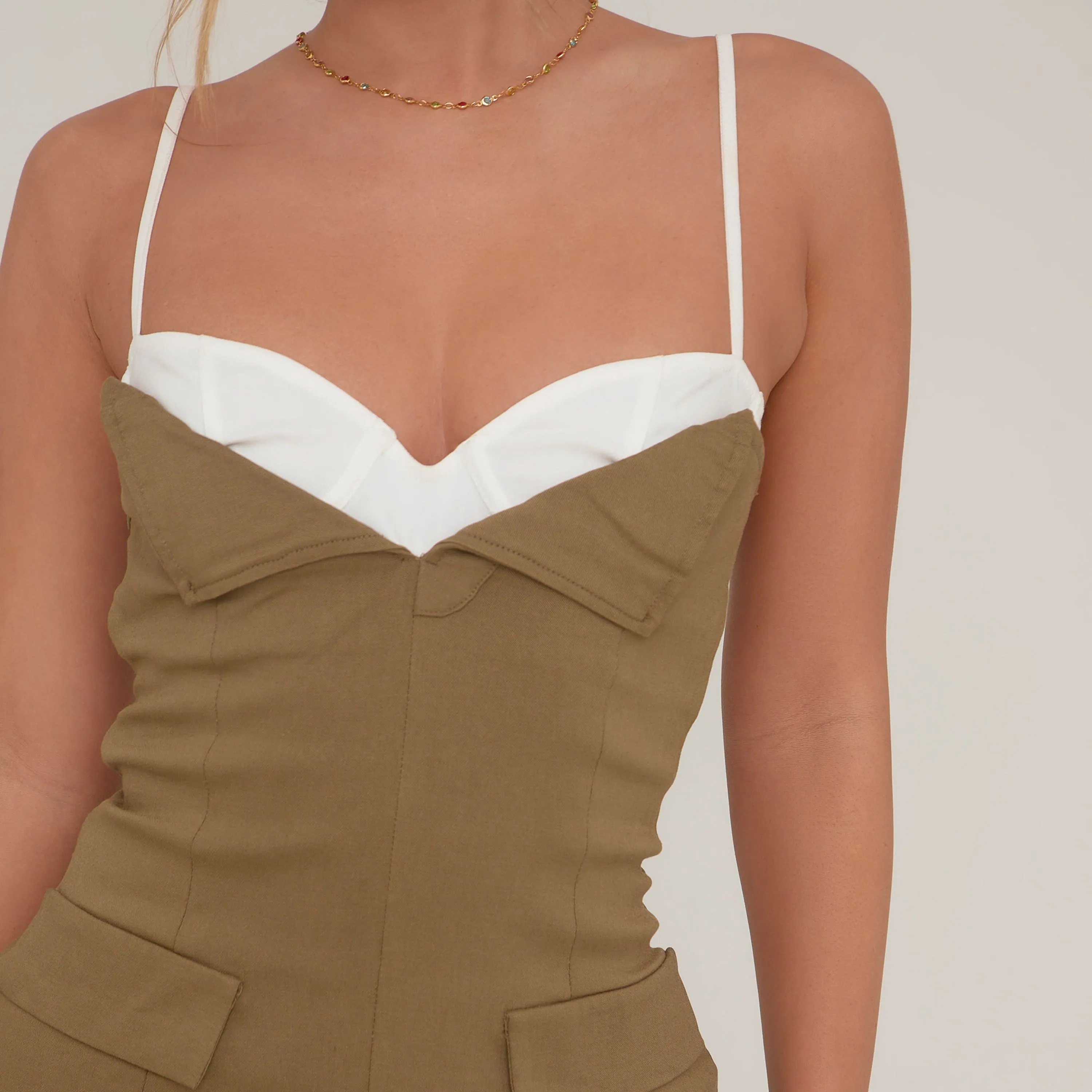 Strappy Layered Bra Detail Cargo Mini Bodycon Dress In Khaki Green