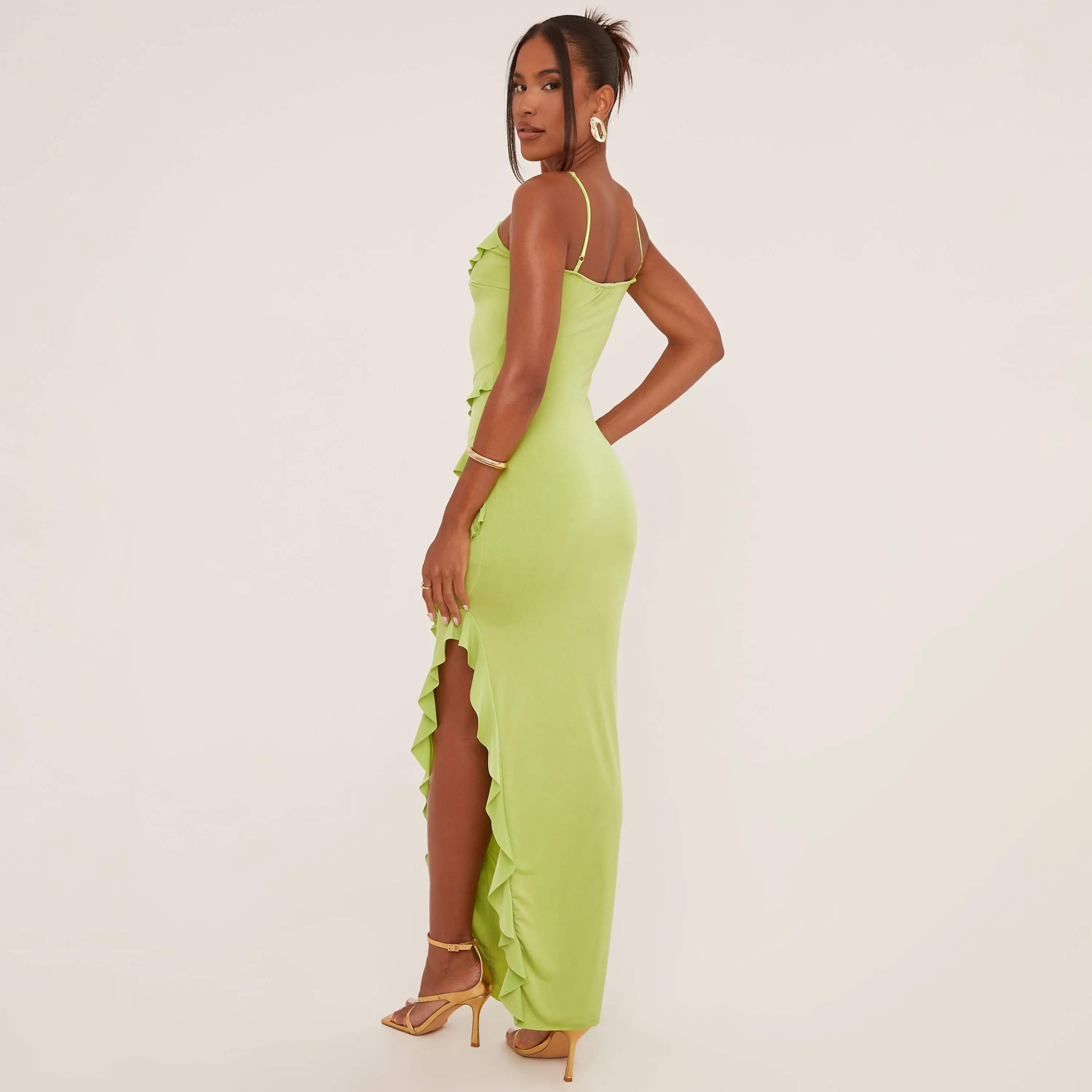 Strappy Tiered Frill Asymmetric Maxi Dress In Lime Green Slinky