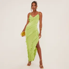 Strappy Tiered Frill Asymmetric Maxi Dress In Lime Green Slinky