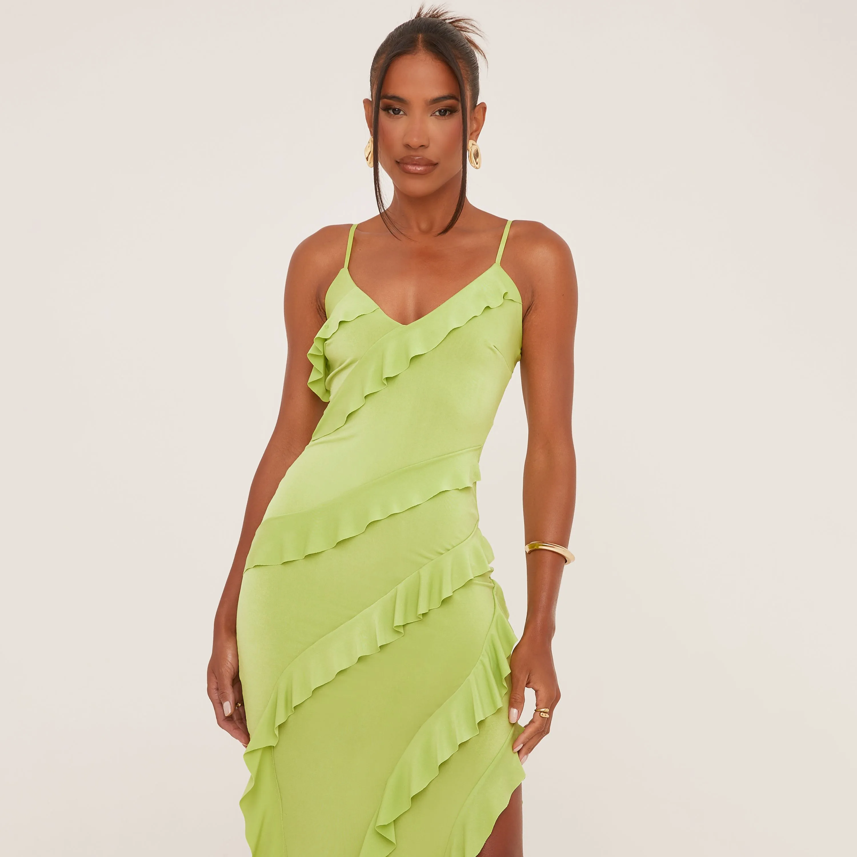 Strappy Tiered Frill Asymmetric Maxi Dress In Lime Green Slinky