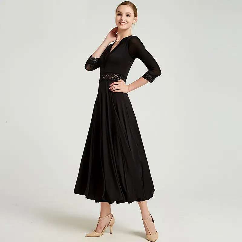 Tea Length Black Ballroom Dress with Waist Lace Accent PRA 072_sale