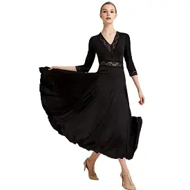 Tea Length Black Ballroom Dress with Waist Lace Accent PRA 072_sale