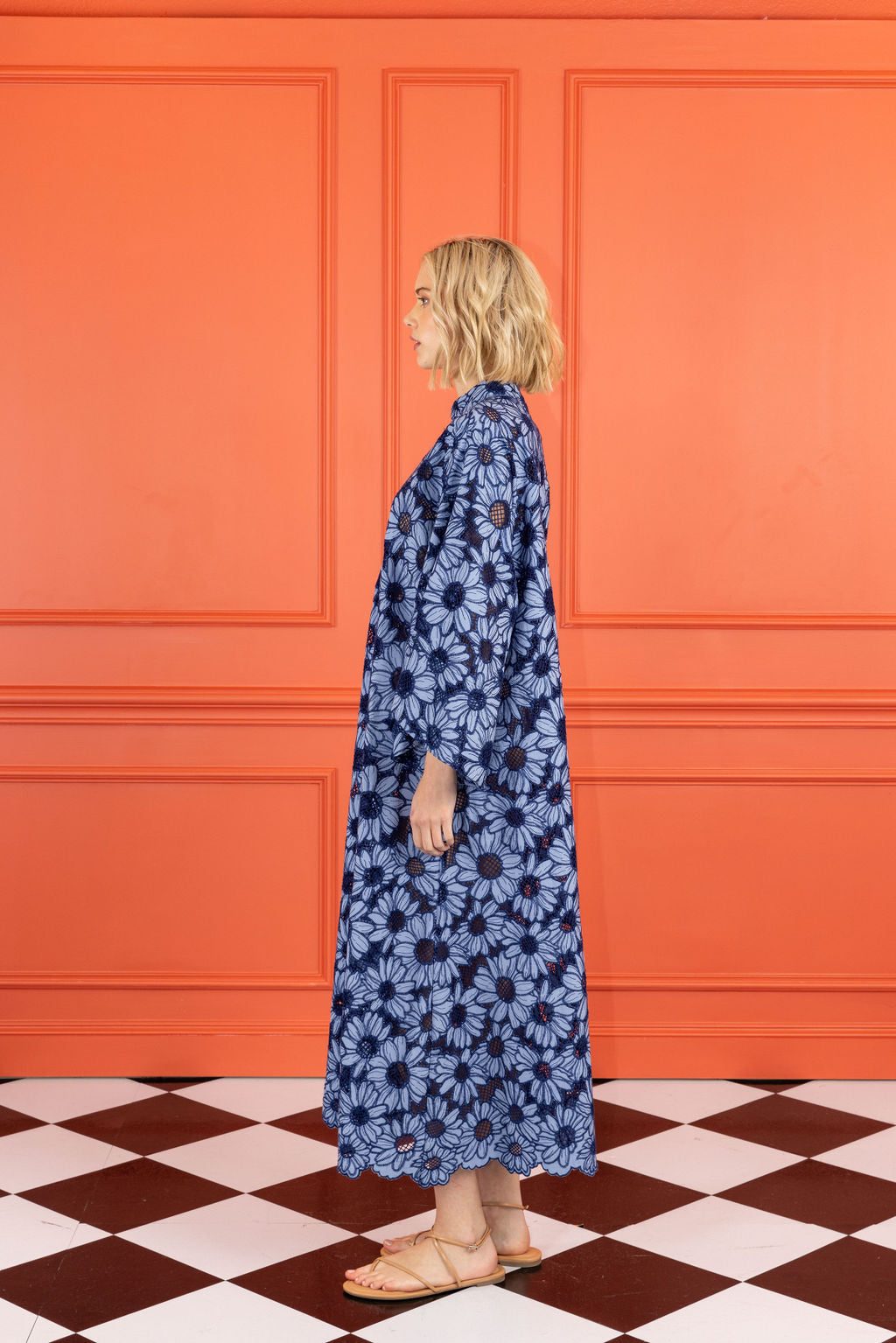 tonal blue flat lace maxi caftan