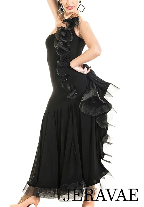 Victoria Blitz Black Ballroom Practice Dress with Asymmetrical Neckline, Flower Shape Decoration, and Open Back Design PRA 904 i