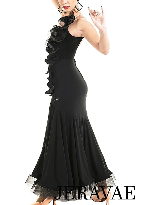 Victoria Blitz Black Ballroom Practice Dress with Asymmetrical Neckline, Flower Shape Decoration, and Open Back Design PRA 904 i